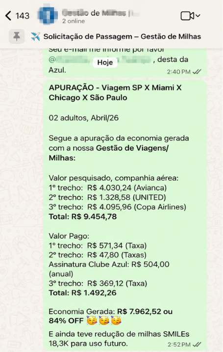 Apuração real: SP-Miami-Chicago, R$ 9.454 para R$ 1.492, 84% de economia